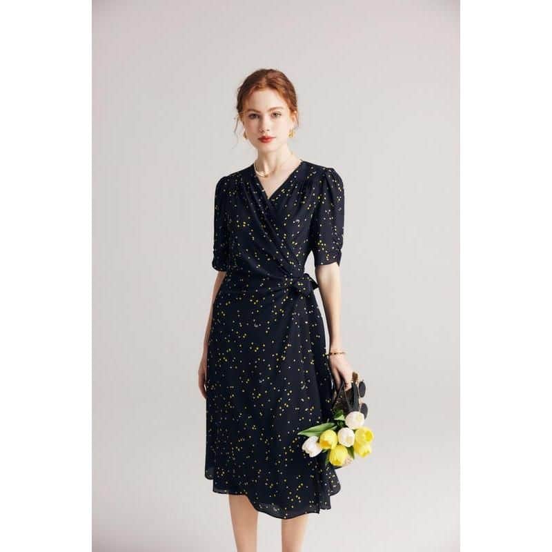 Black Polka Dot Silk Wrap Dress